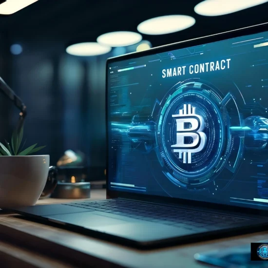 A sleek digital screen displaying a smart contract with a Bitcoin symbol, emphasizing digital asset tokenization.