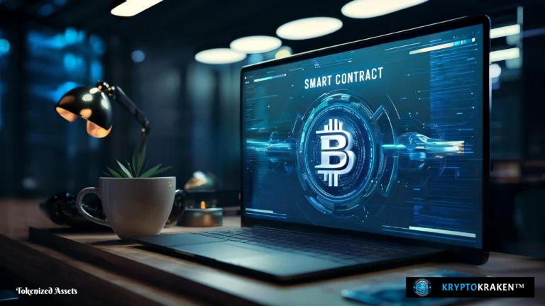 A sleek digital screen displaying a smart contract with a Bitcoin symbol, emphasizing digital asset tokenization.