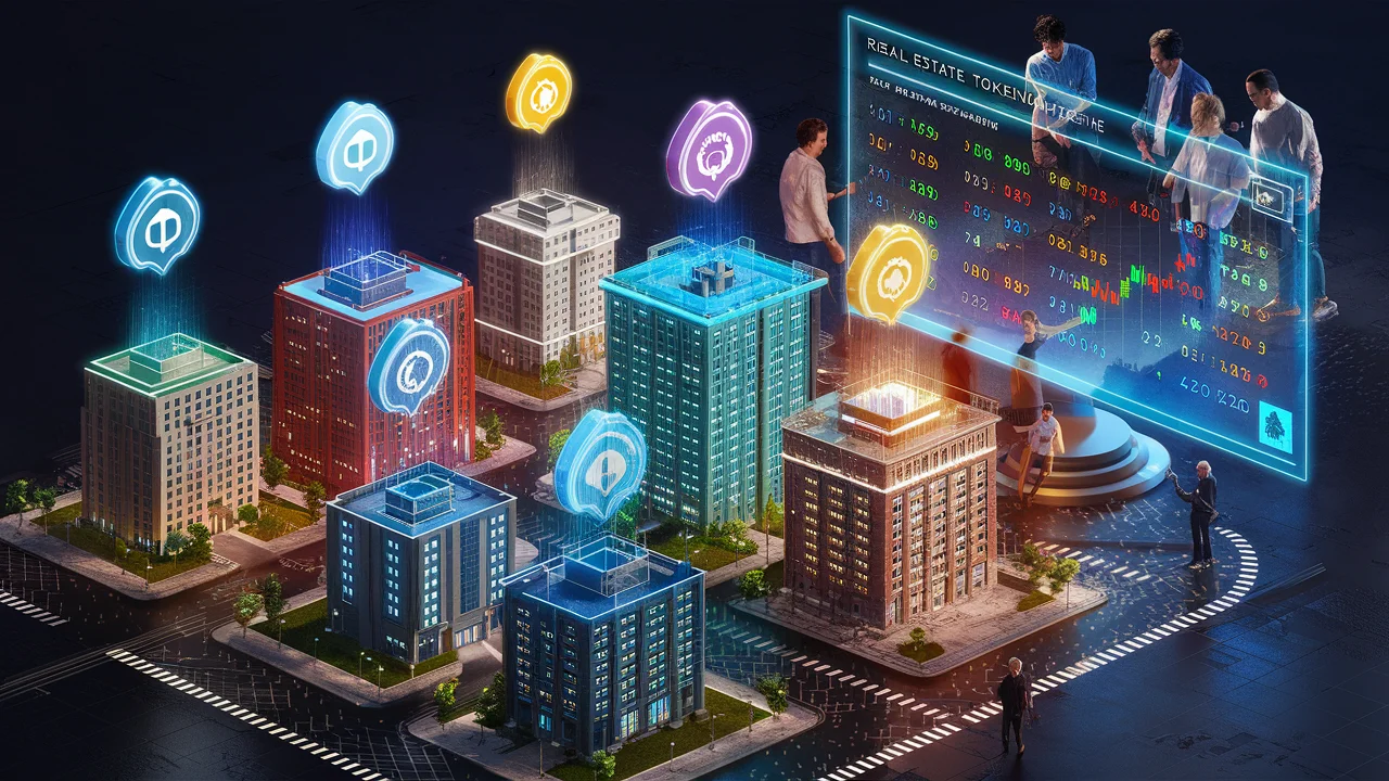 Digital representation of real estate tokenization with holographic icons over buildings and a digital trading board