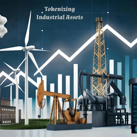 A graphic representation of tokenizing industrial assets, featuring a variety of industrial elements such as a factory with smokestacks, wind turbines, an oil pump jack, and a data center, with a rising arrow graph in the background symbolizing growth. The image includes the words "Tokenizing Industrial Assets" and the logo "KryptoKraken.