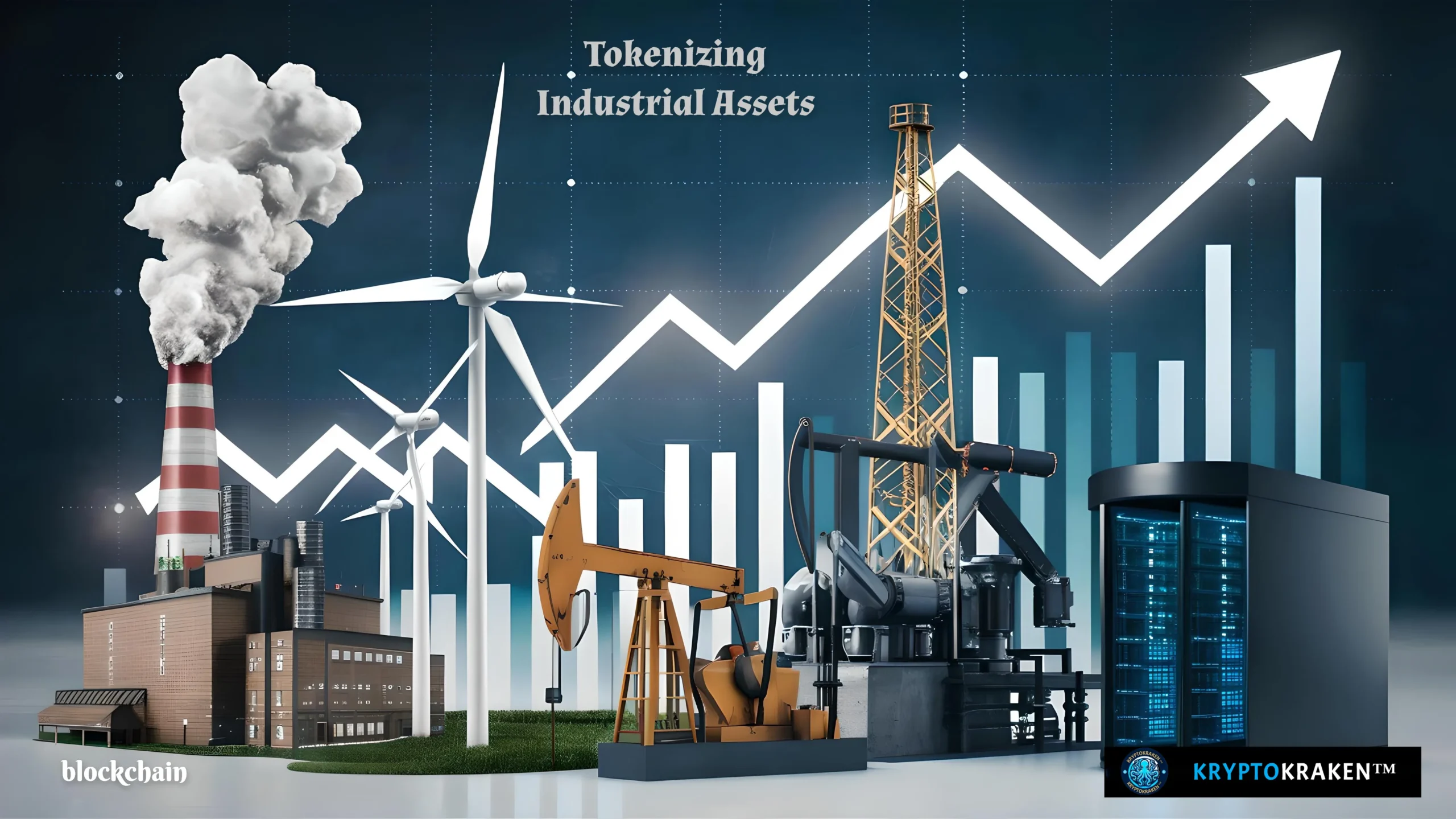 A graphic representation of tokenizing industrial assets, featuring a variety of industrial elements such as a factory with smokestacks, wind turbines, an oil pump jack, and a data center, with a rising arrow graph in the background symbolizing growth. The image includes the words "Tokenizing Industrial Assets" and the logo "KryptoKraken.