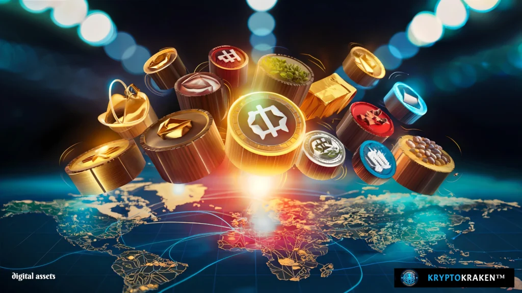 Illustration of tokenized digital assets represented as coins hovering over a digital map, symbolizing global digital asset trading by KryptoKraken