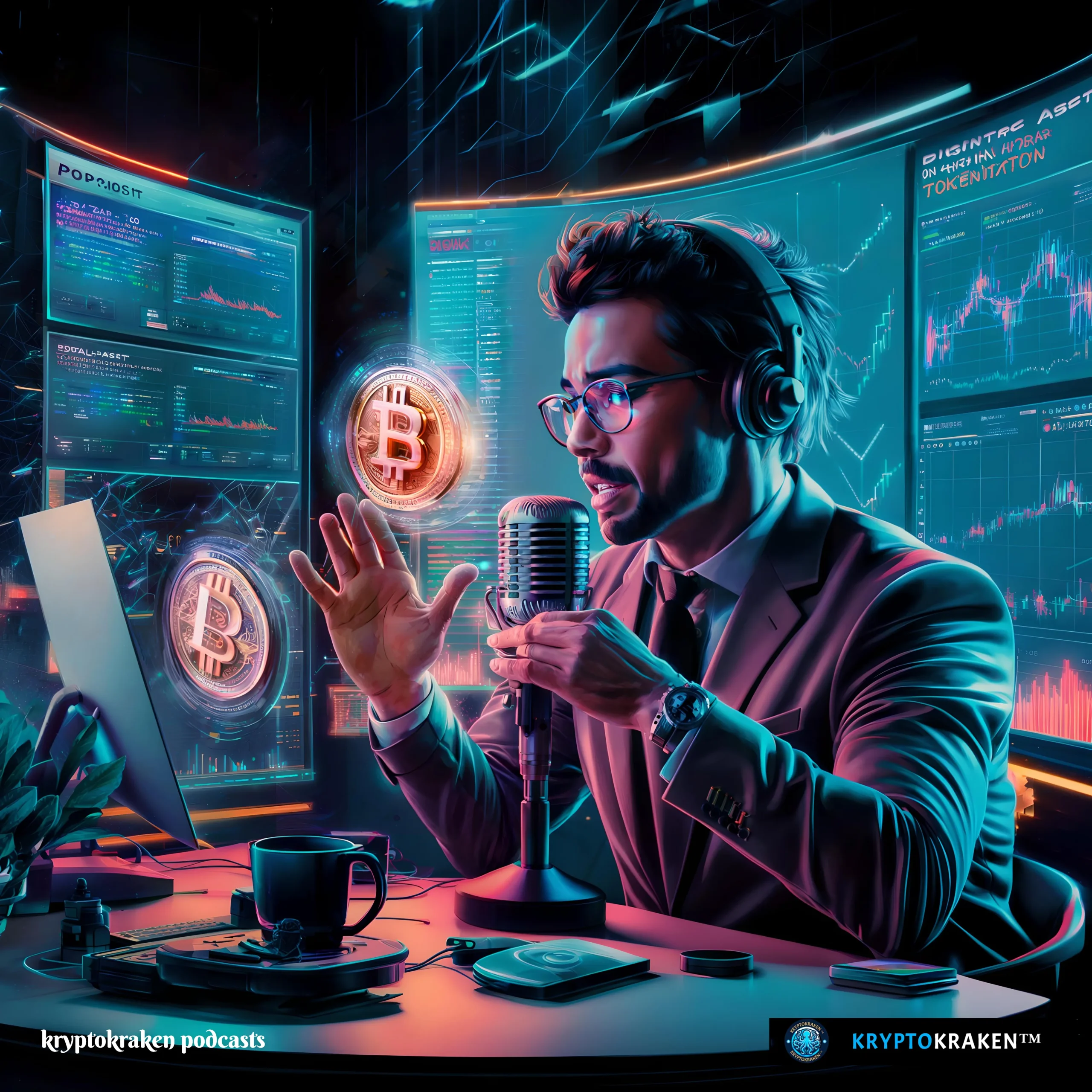 A digital painting of a podcaster discussing tokenized digital assets, with glowing Bitcoin symbols and data charts in the background.