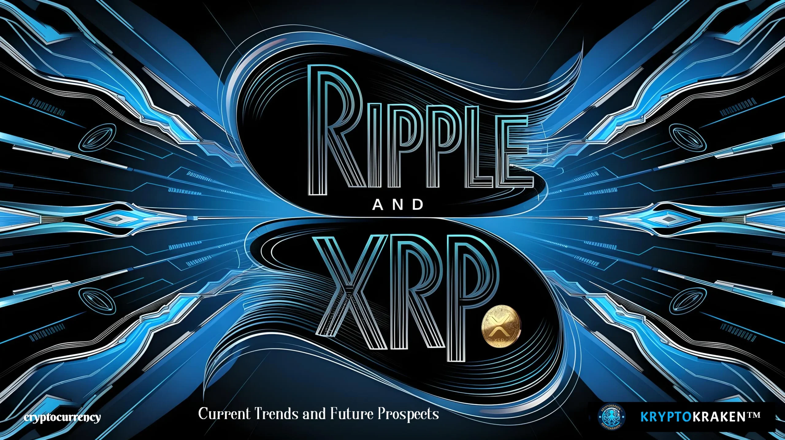 Digital illustration of Ripple and XRP typography over a futuristic blue circuit board background, with a golden XRP coin on the right side, emphasizing current trends and future prospects in cryptocurrency