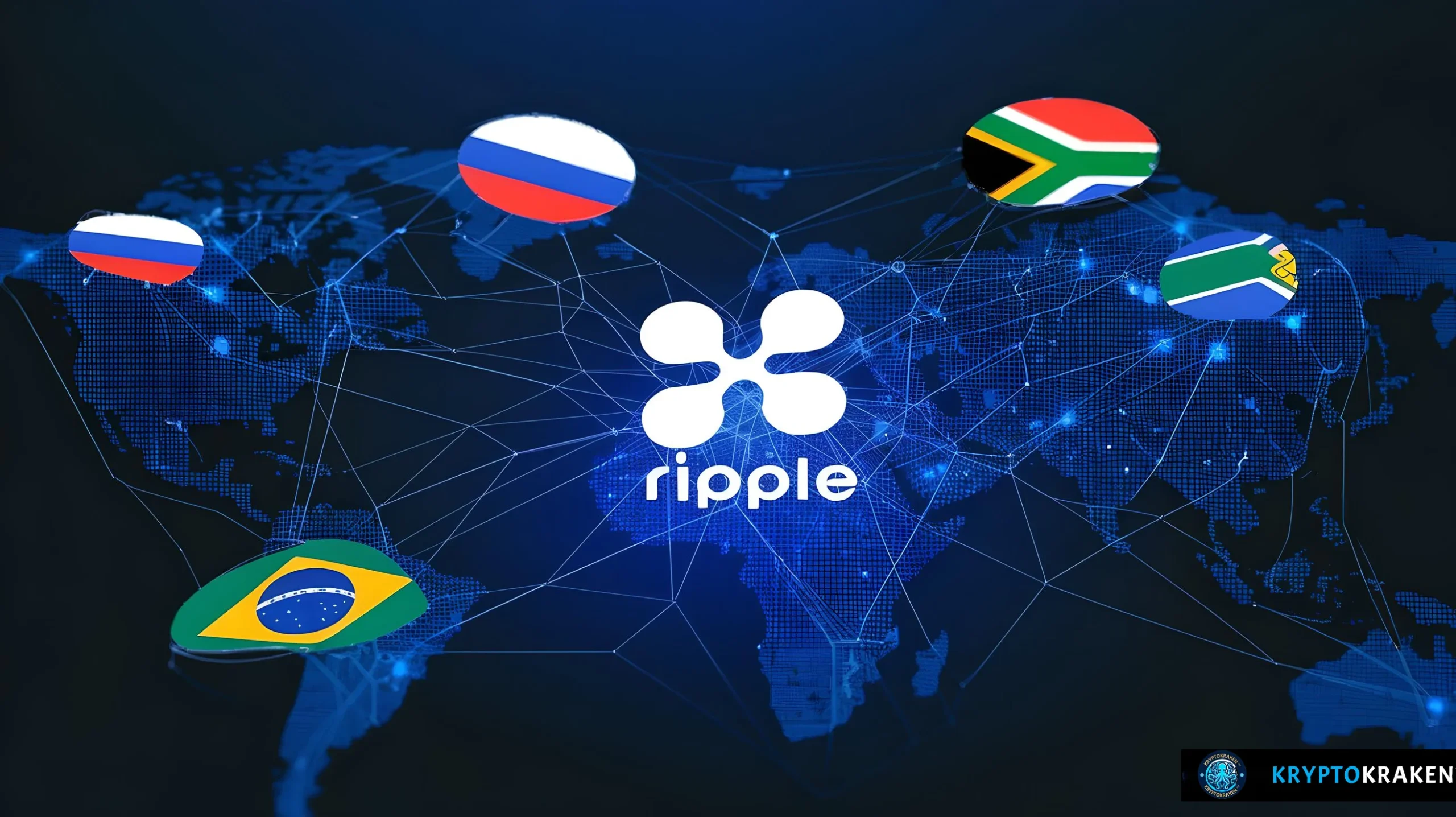 Digital graphic showing a world map with glowing connections between the flags of BRICS nations (Brazil, Russia, India, China, South Africa) and the Ripple (XRP) logo at the center, symbolizing the integration of XRP within these countries.