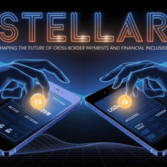 Stellar Blockchain concept illustration featuring two digital hands transferring currency symbols between smartphones, highlighting cross-border payments and financial inclusion.