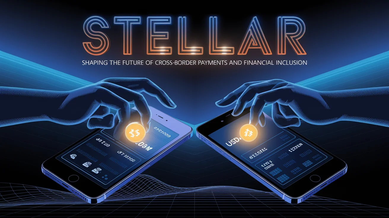 Stellar Blockchain concept illustration featuring two digital hands transferring currency symbols between smartphones, highlighting cross-border payments and financial inclusion.