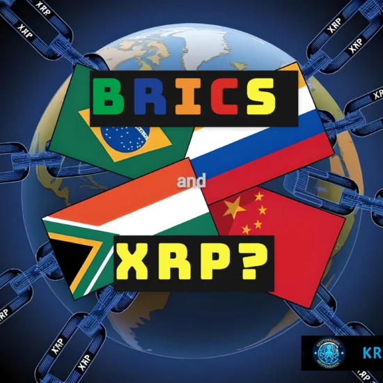 Digital artwork depicting the globe surrounded by chains labeled with 'XRP', and a puzzle made of the national flags of BRICS countries (Brazil, Russia, India, China, South Africa) with the text 'BRICS and XRP?' in the center. The image symbolizes the connection between BRICS nations and the cryptocurrency XRP