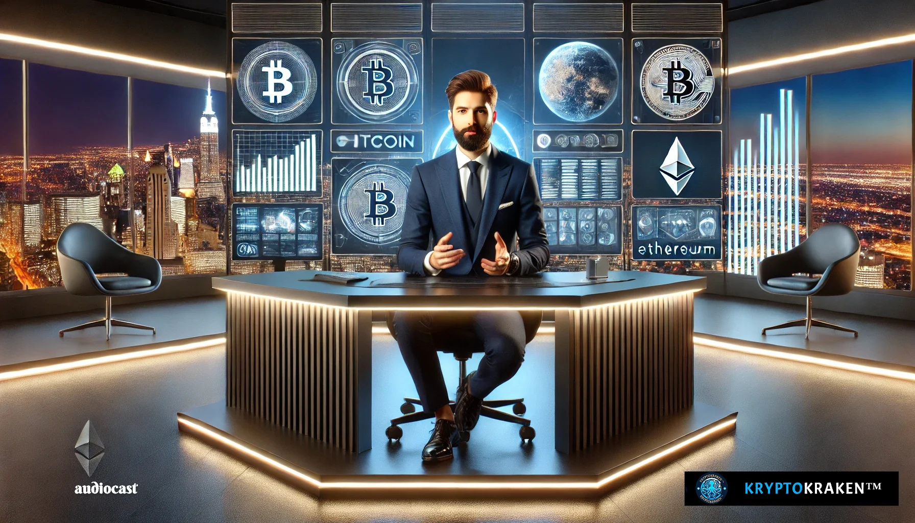 A futuristic podcast studio designed for discussions on cryptocurrency in 2024. The studio features advanced digital displays with cryptocurrency logos like Bitcoin and Ethereum. A stylish host in a dark blue suit sits at a futuristic desk, with a panoramic city view in the background. The studio is bathed in ambient blue and white lighting, highlighting its high-tech, digital atmosphere.