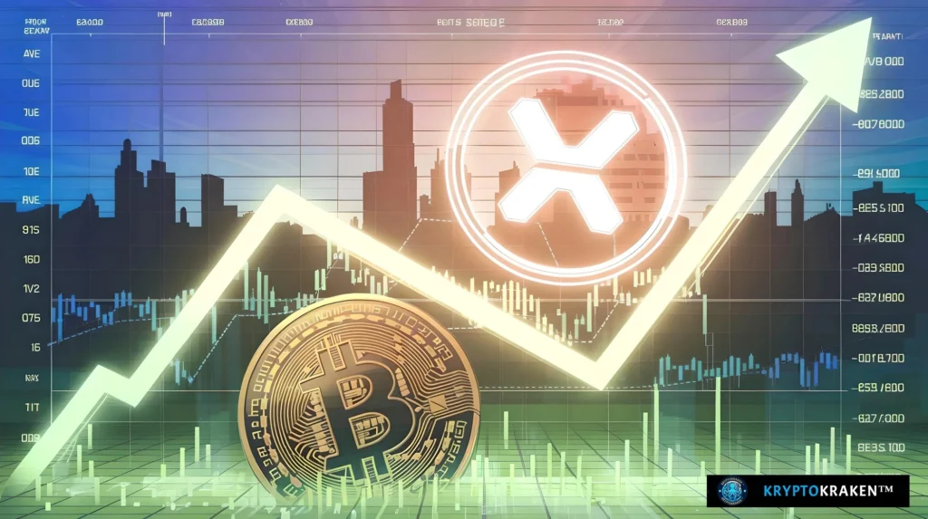 Illustration showing a rising financial graph with XRP and Bitcoin symbols, indicating the potential of XRP to outperform Bitcoin. A city skyline is in the background, suggesting market growth and financial trends.