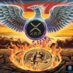 Illustration of XRP logo rising as a phoenix above a flaming Bitcoin symbol, symbolizing the potential rise of XRP over Bitcoin. The background shows a vibrant sunset with mountains, emphasizing a transformative or competitive moment between the two cryptocurrencies.