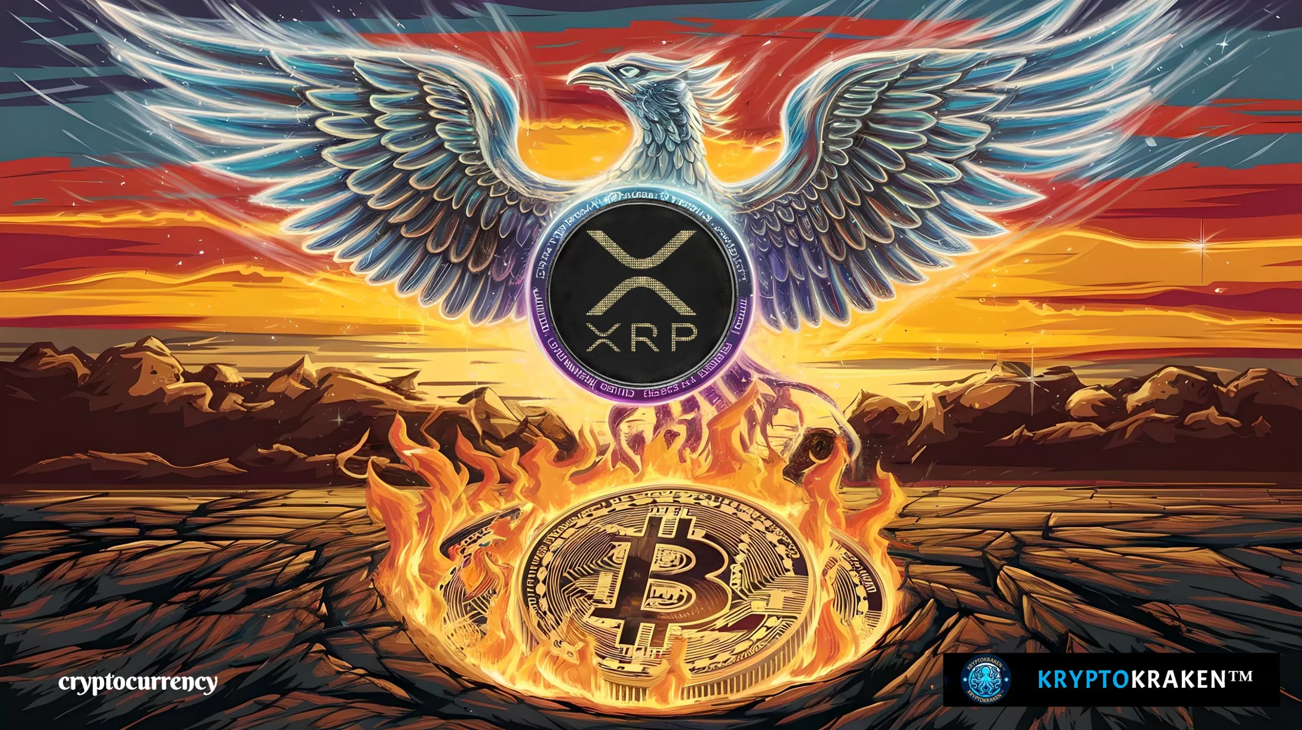 Illustration of XRP logo rising as a phoenix above a flaming Bitcoin symbol, symbolizing the potential rise of XRP over Bitcoin. The background shows a vibrant sunset with mountains, emphasizing a transformative or competitive moment between the two cryptocurrencies.