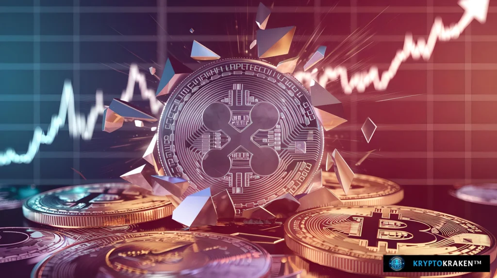 Close-up illustration of the XRP coin breaking through, symbolizing its potential growth, with Bitcoin coins in the background and a rising market graph, highlighting XRP's potential to lead in the cryptocurrency space