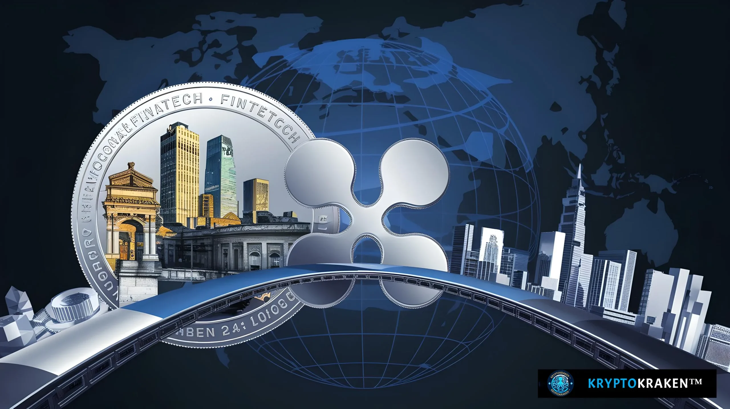 Digital composite featuring a Ripple (XRP) coin with iconic global financial buildings, including classical and modern architectures, embedded on its surface. The coin is centrally placed over a stylized monochrome world map, symbolizing the global influence of XRP in fintech.