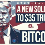 Graphic of Donald Trump suggesting Bitcoin as a new solution to the $35 trillion U.S. debt, highlighting the concept of a Bitcoin debt solution.