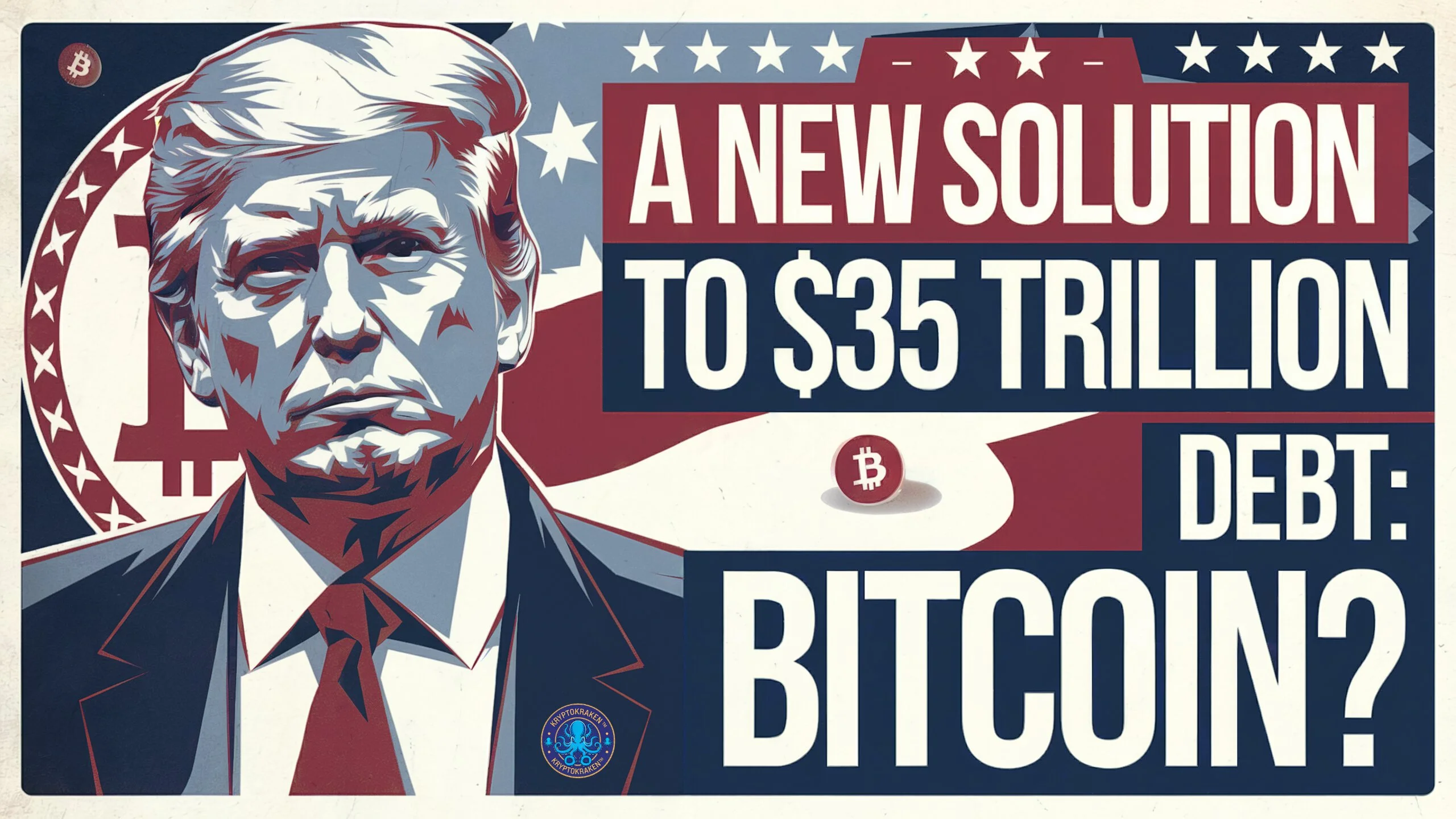 Graphic of Donald Trump suggesting Bitcoin as a new solution to the $35 trillion U.S. debt, highlighting the concept of a Bitcoin debt solution.