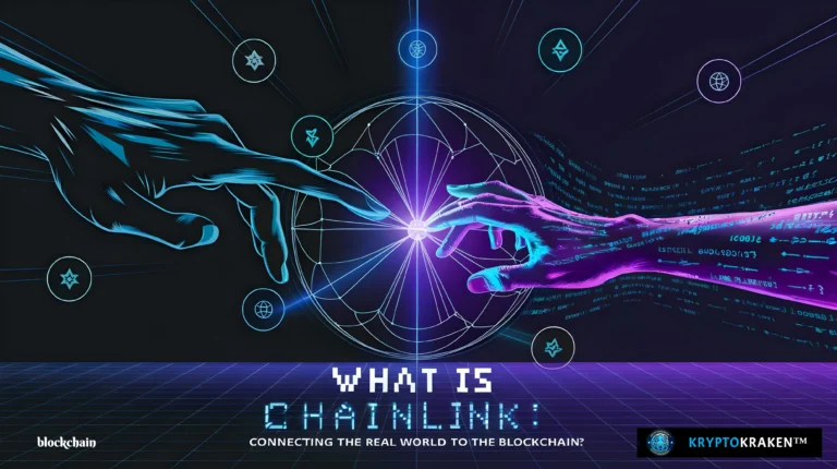 What is Chainlink: digital artwork illustrating blockchain connection between two futuristic hands with cryptographic symbols.