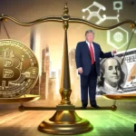 A digital illustration showing a scale balanced between a large gold Bitcoin coin and a $100 bill with Donald Trump standing beside it, symbolizing the potential influence of Trump’s re-election on cryptocurrency. The background features urban skyscrapers and icons related to financial regulations, the SEC, and blockchain networks.