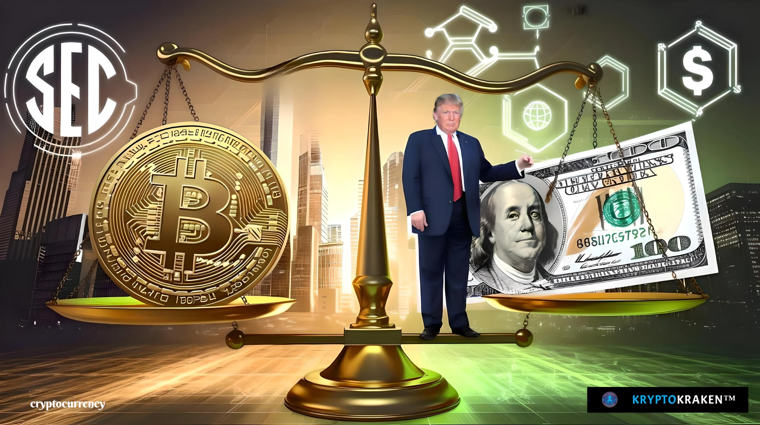 A digital illustration showing a scale balanced between a large gold Bitcoin coin and a $100 bill with Donald Trump standing beside it, symbolizing the potential influence of Trump’s re-election on cryptocurrency. The background features urban skyscrapers and icons related to financial regulations, the SEC, and blockchain networks.