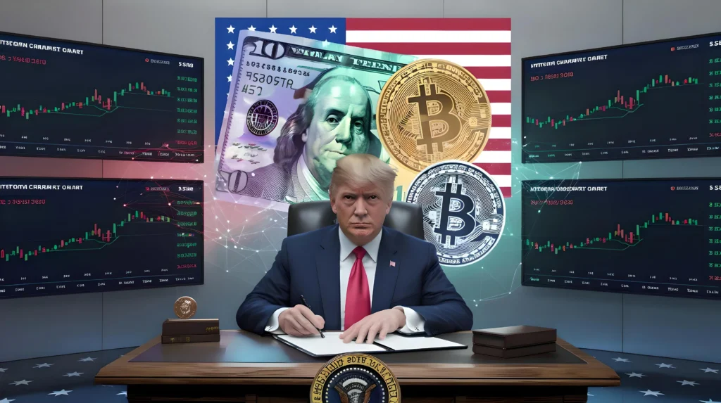 Donald Trump sits at a desk in a presidential setting, with multiple screens displaying cryptocurrency market charts behind him. A backdrop featuring the American flag, a large dollar bill, and Bitcoin symbols emphasizes the potential impact of his re-election on the cryptocurrency market.