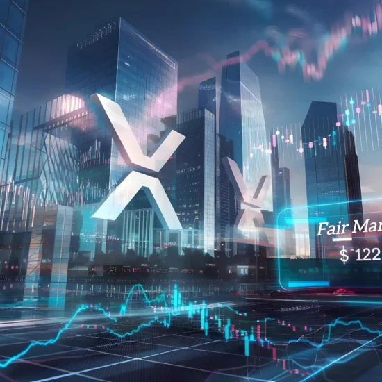 Digital representation of the XRP Collateralization Model, featuring futuristic skyscrapers, financial charts, and a fair market value of $122,580 displayed in glowing text.