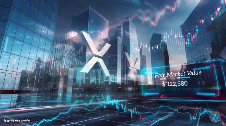 Digital representation of the XRP Collateralization Model, featuring futuristic skyscrapers, financial charts, and a fair market value of $122,580 displayed in glowing text.