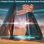 Illustration of the Stargate Project showcasing futuristic AI and blockchain technology integration. The scene features a stargate structure with holographic elements displaying logos of SoftBank, NVIDIA, and OpenAI, along with an American flag waving in the background. The desert environment adds a sci-fi ambiance, highlighting innovation and advanced technology