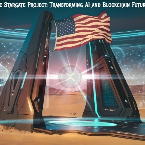 Illustration of the Stargate Project showcasing futuristic AI and blockchain technology integration. The scene features a stargate structure with holographic elements displaying logos of SoftBank, NVIDIA, and OpenAI, along with an American flag waving in the background. The desert environment adds a sci-fi ambiance, highlighting innovation and advanced technology