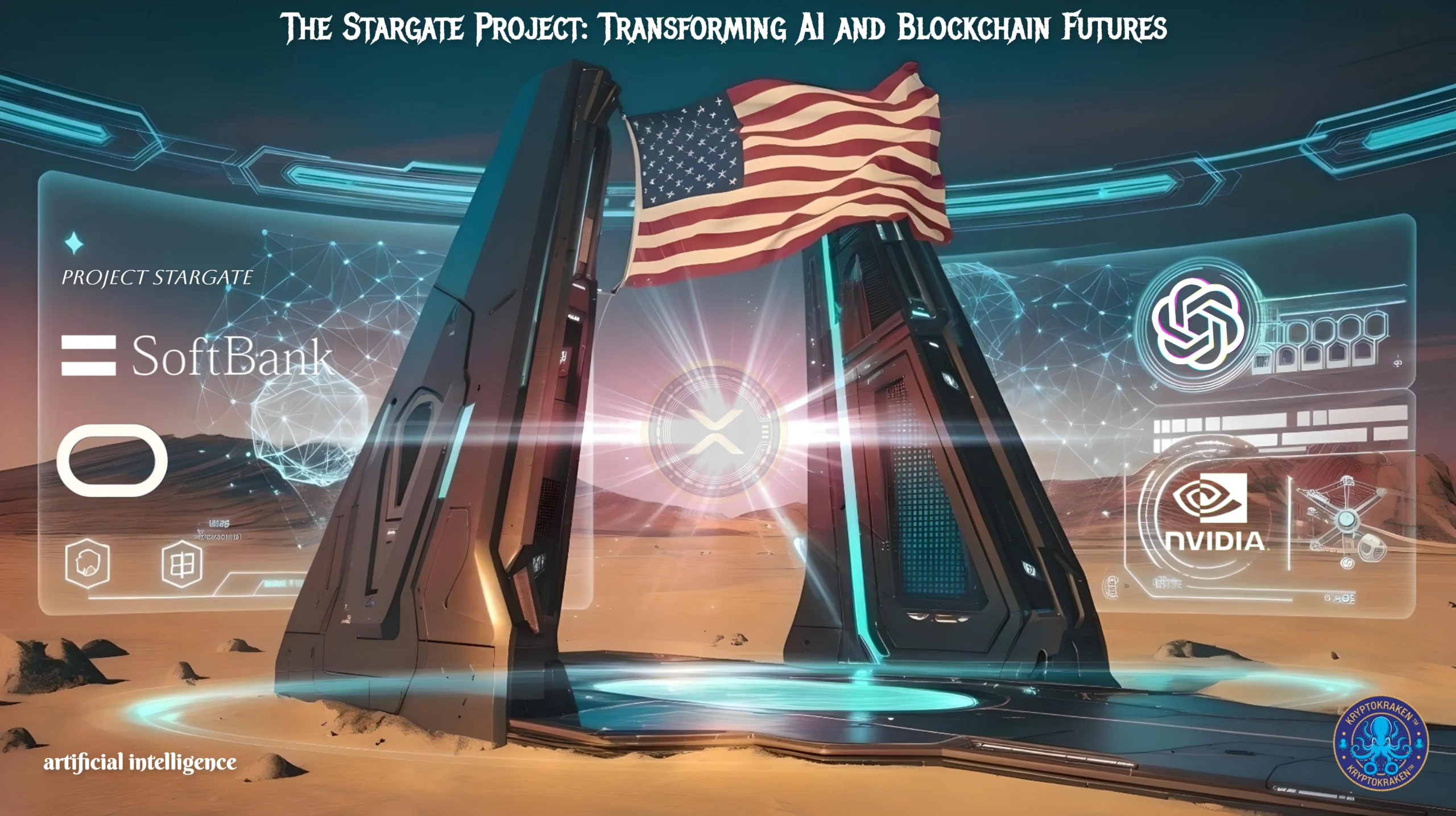 Illustration of the Stargate Project showcasing futuristic AI and blockchain technology integration. The scene features a stargate structure with holographic elements displaying logos of SoftBank, NVIDIA, and OpenAI, along with an American flag waving in the background. The desert environment adds a sci-fi ambiance, highlighting innovation and advanced technology