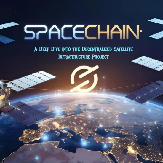 Spacechain decentralized satellite infrastructure project visual with orbiting satellites and Earth illuminated at night.