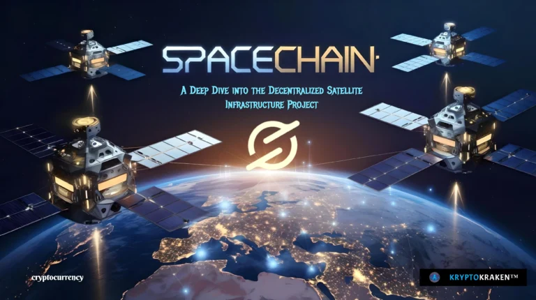 Spacechain decentralized satellite infrastructure project visual with orbiting satellites and Earth illuminated at night.