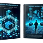 ebook cover for 'Blockchain Developers Course' with a dual-pane design. The left pane shows a 3D holographic chain of interconnected digital blocks in blue and a silhouette of a person coding. The right pane features a simplified digital landscape for text placement, with a color scheme of dark blues, blacks, electric blues, and neon green