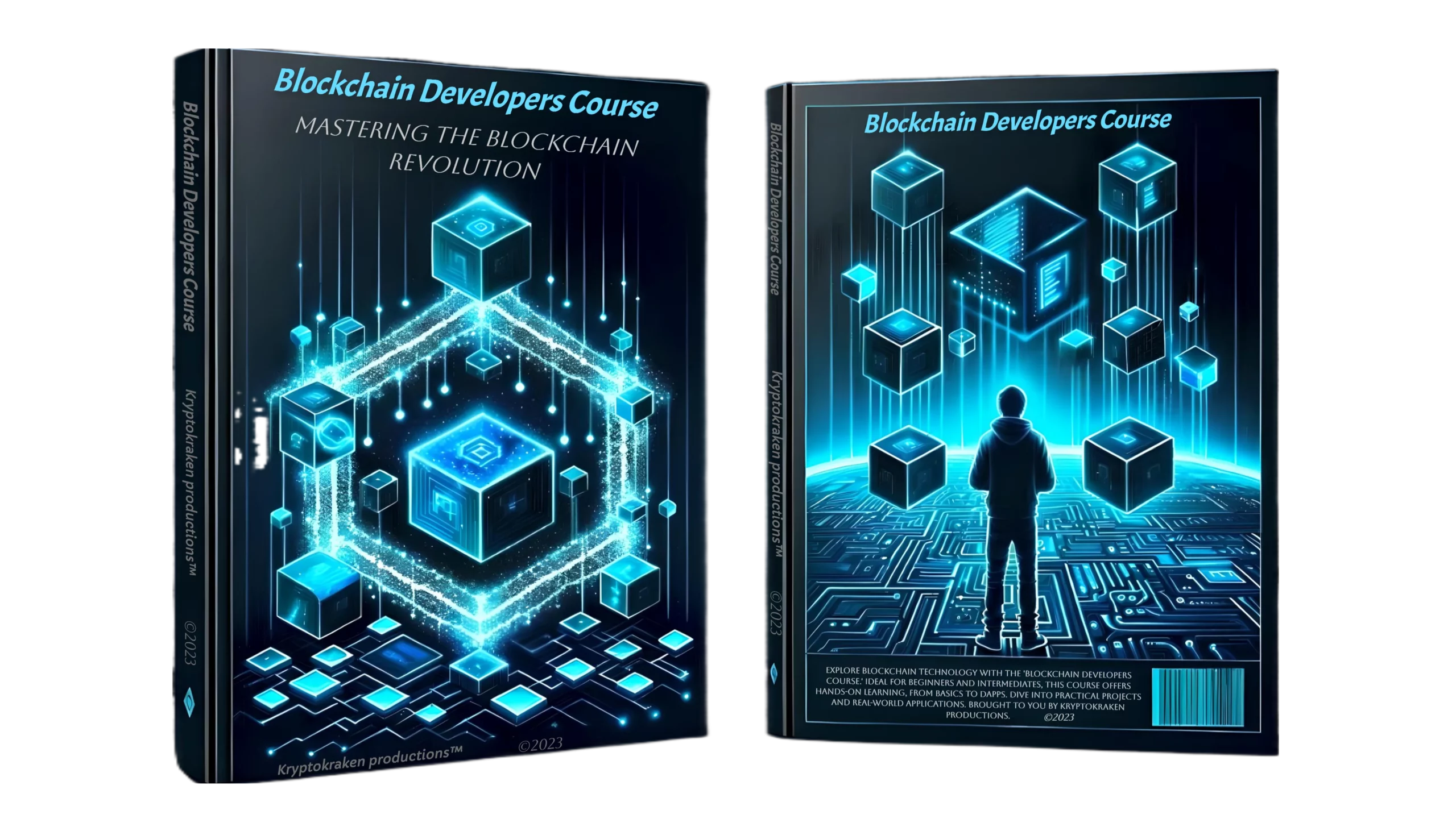 ebook cover for 'Blockchain Developers Course' with a dual-pane design. The left pane shows a 3D holographic chain of interconnected digital blocks in blue and a silhouette of a person coding. The right pane features a simplified digital landscape for text placement, with a color scheme of dark blues, blacks, electric blues, and neon green