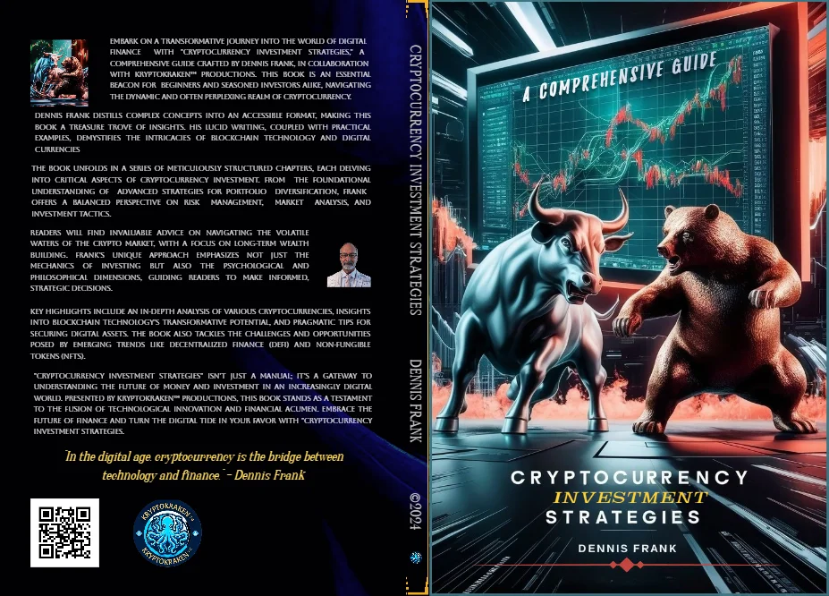 Cover of the book 'Cryptocurrency Investment Strategies' by Dennis Frank, featured on the KryptoKraken website.