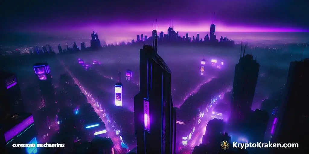 a city with purple lights represents exploring different types of consus mechanisms in b;lockchain