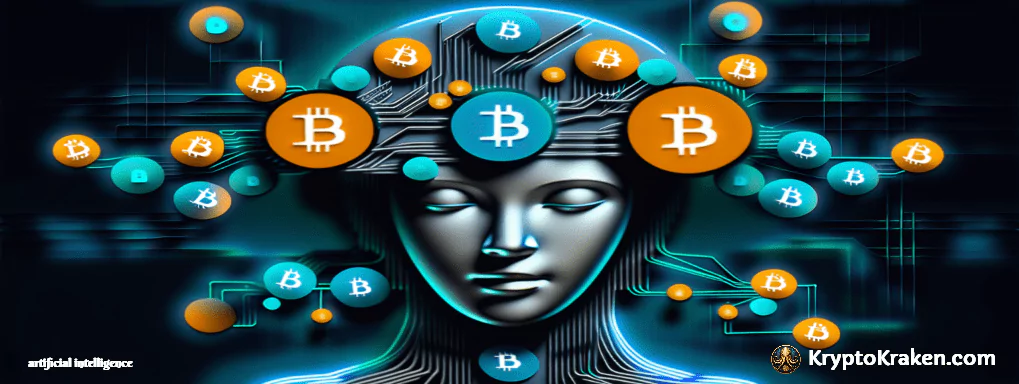 a face with bitcoin and lines around it represents the intersection of AI and Cryptocurrency