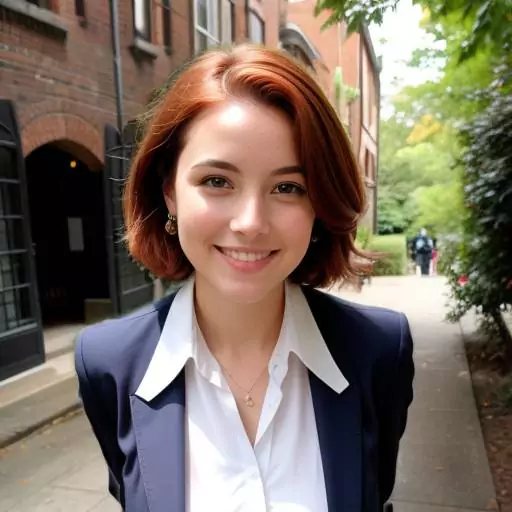 Portrait of Carol Thomas with auburn hair, wearing a white blouse and navy blazer, smiling outdoors.