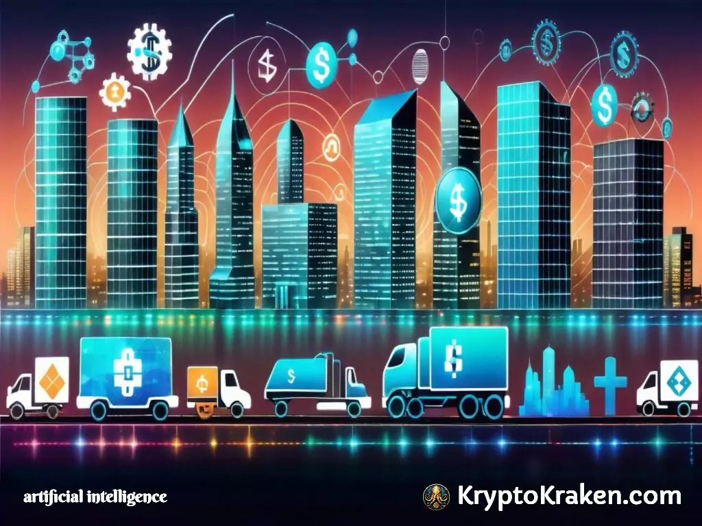 sskyline with cargo trucks represents the synergy of ai and blockchain technology