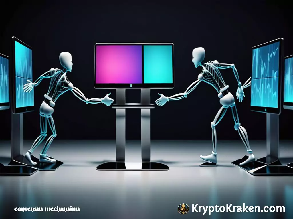 robots shaking hands, computer screens represesnts what is the primary purpose of consensus mechanisms in blockchain