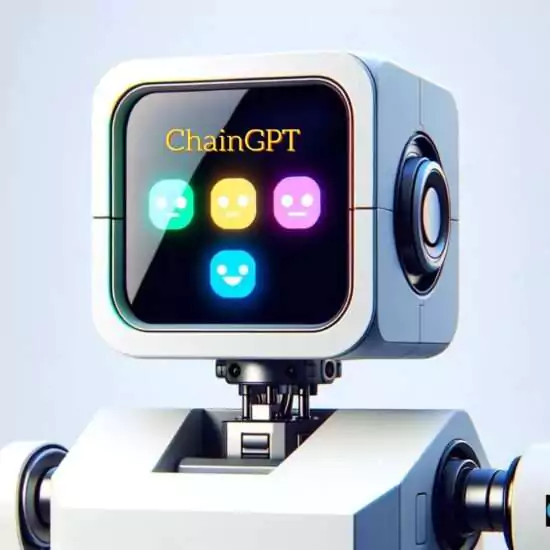 Cube-shaped robot with a digital display showing emoticons and the text 'ChainGPT', set against a light background