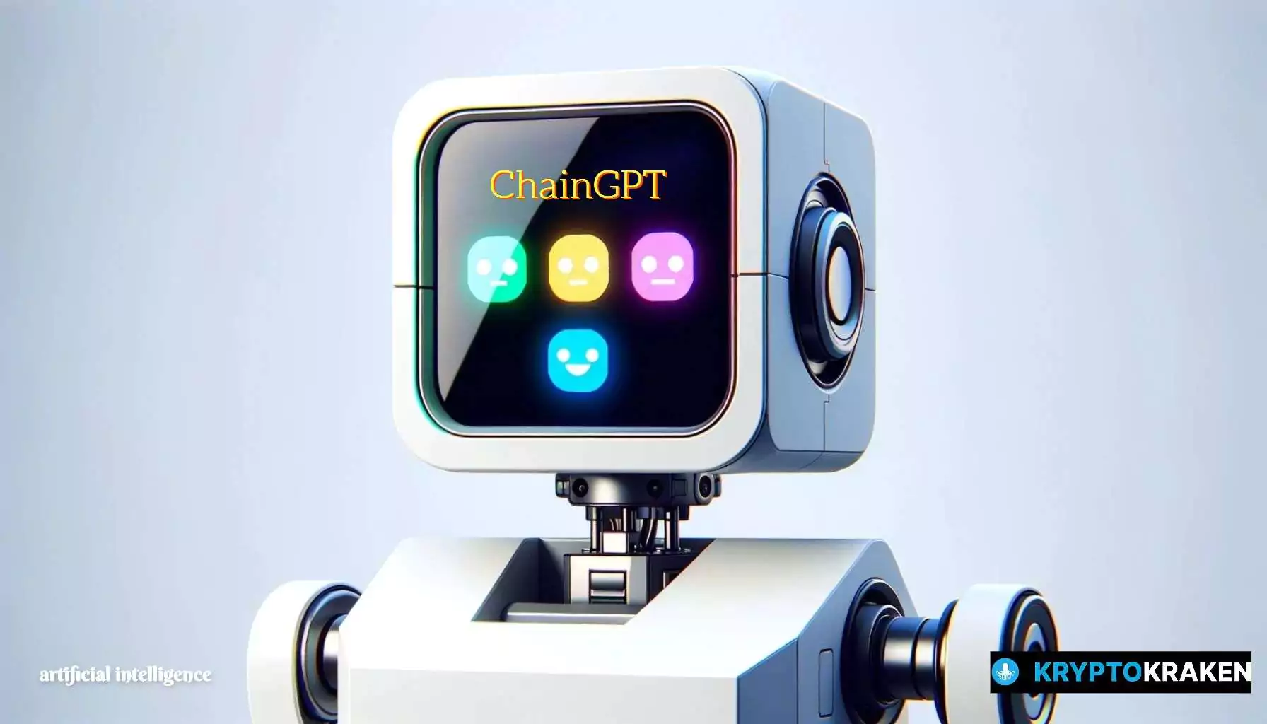 Cube-shaped robot with a digital display showing emoticons and the text 'ChainGPT', set against a light background