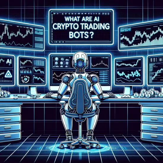 Advanced robot with optics and circuitry in a sophisticated trading room workstation represents ai crypto trading bots