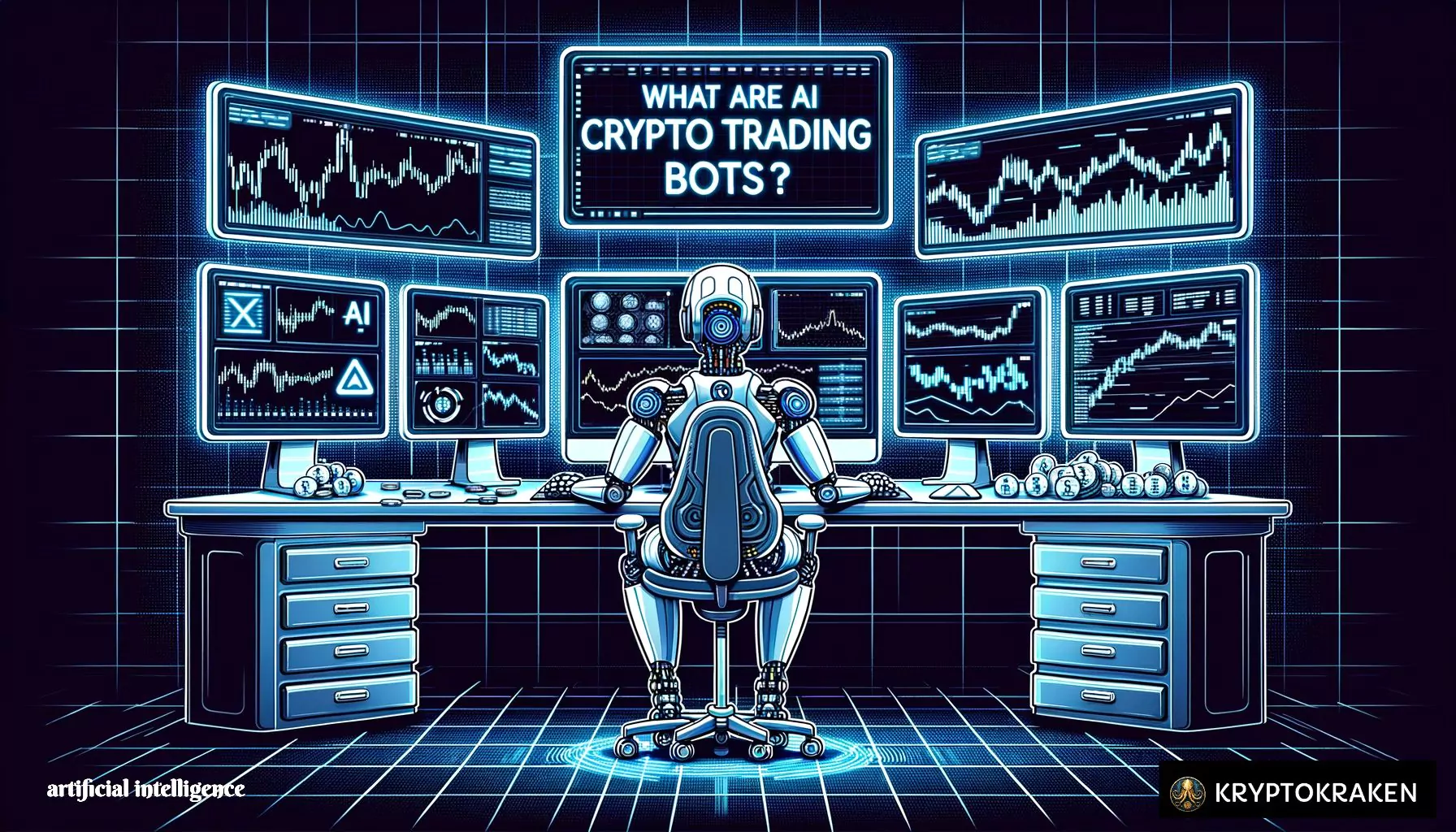 Advanced robot with optics and circuitry in a sophisticated trading room workstation represents ai crypto trading bots