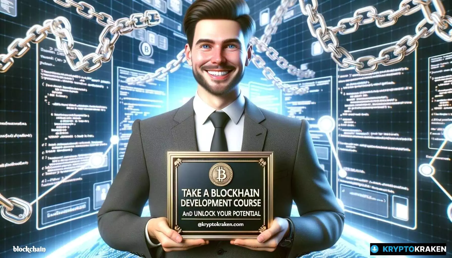 "Man in professional attire proudly holding a plaque promoting a blockchain development course, with a digital background featuring blockchain chains and coding snippets