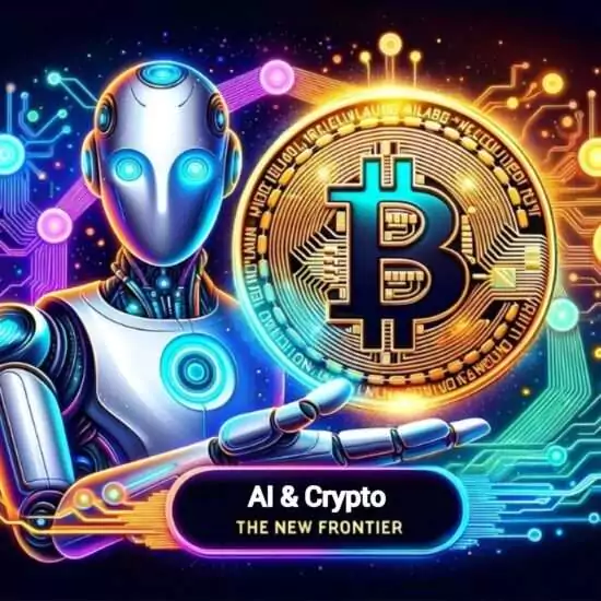 Robot and cryptocurrency coin surrounded by digital data streams with 'AI and Crypto: The New Frontier' text.