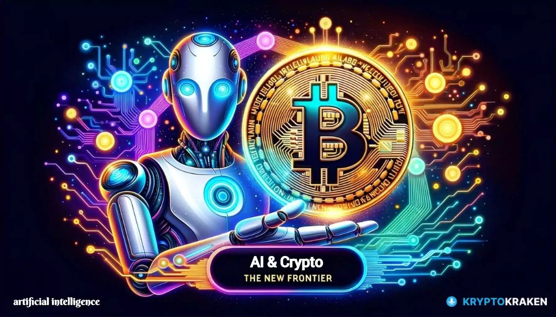 Robot and cryptocurrency coin surrounded by digital data streams with 'AI and Crypto: The New Frontier' text.