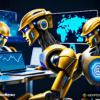 a group of robots working on a laptop represents Can ai help with crypto trading and cryptocurrency