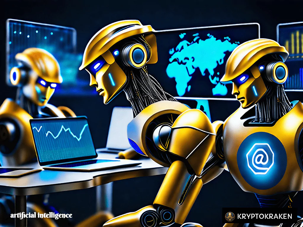 a group of robots working on a laptop represents Can ai help with crypto trading and cryptocurrency