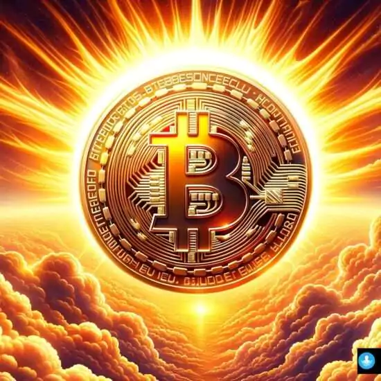 Radiant sun shining on a shimmering crypto coin on the ground