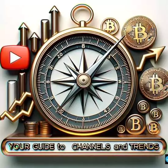 Compass needle pointing to crypto icons on a crypto YouTube thumbnail, with Bitcoin, play button, and trend line visuals and 'Your Guide to Channels and Trends' text